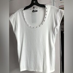 Frye Women’s Capped Sleeve Top, Size M, White, Grommet Accents, Round Neck, NWT